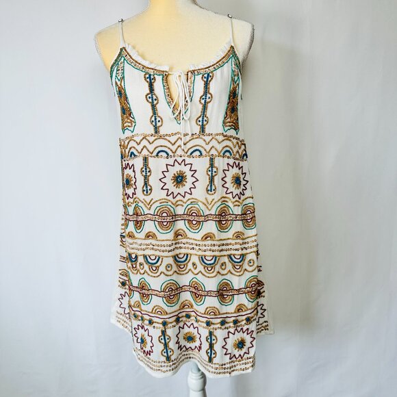 NWT Anthropologie Raga Dress Women's M‎ Eggshell Taos Beaded Tank Casual Boho - Picture 1 of 16